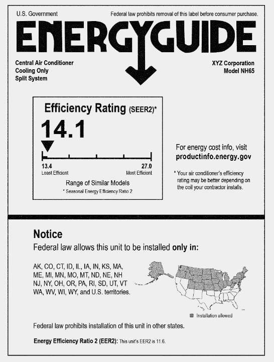 White Energy Guide label showing a 14.1 SEER2 efficiency rating