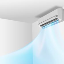 White indoor air conditioner unit blowing blue air