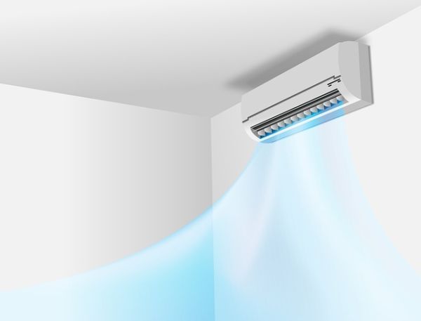 White indoor air conditioner unit blowing blue air