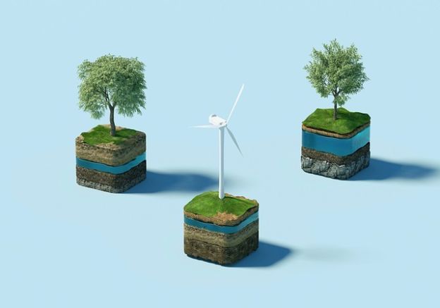 Set of two mini trees and one mini windmill on grass squares.