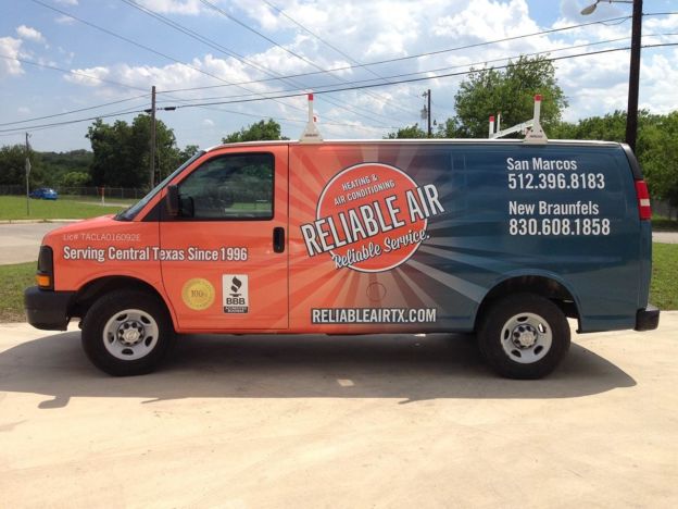 Reliable Air branded service van parked in San Marcos, TX