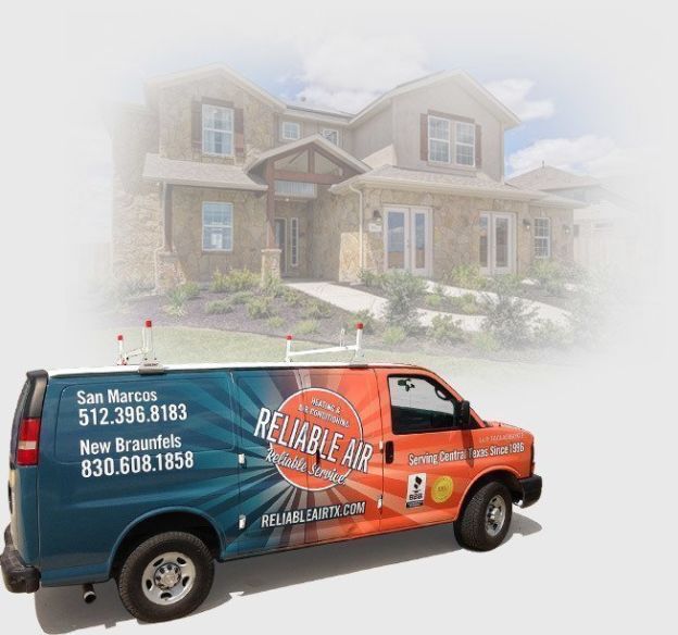 Branded Reliable Air van superimposed on the backdrop of a home.